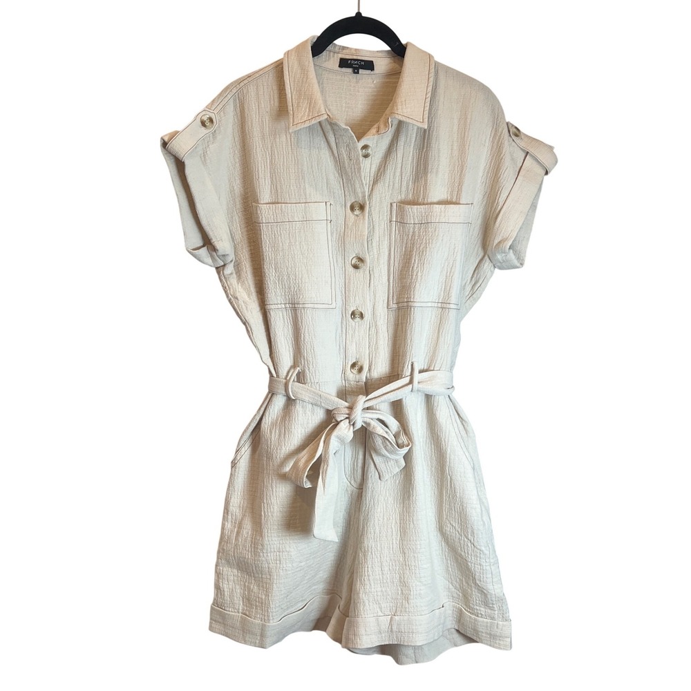 FRNCH Paris Womens Beige Textured Cotton Utility Romper Button Front Belted M